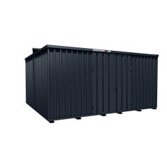 Lagercontainer - Schnellbaucontainer 20 qm, L5100xB4330 mm, Höhe 2660 mm, Doppelflügeltür mittig in Längsseite, Boden OSB 3 Platte, anthrazit, montiert