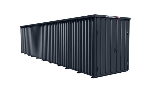 Lagercontainer - Schnellbaucontainer 20 qm, L10200xB2100 mm, Höhe 2100 mm, Doppelflügeltür mittig in Breitseite, Boden OSB 3 Platte, anthrazit, montiert