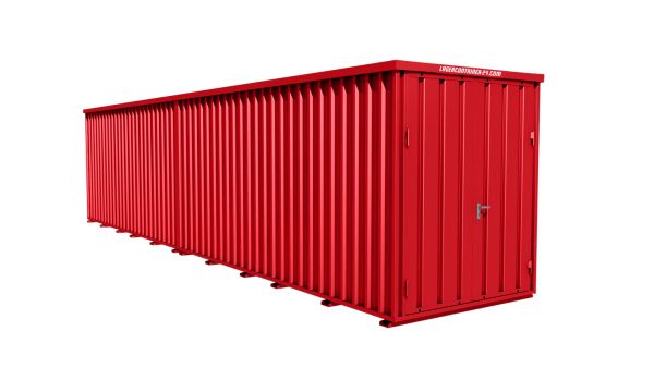 Lagercontainer - Schnellbaucontainer 20 qm, L10200xB2100 mm, Höhe 2100 mm, Doppelflügeltür mittig in Breitseite, Boden OSB 3 Platte, feuerrot, montiert