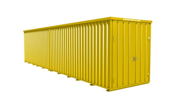 Lagercontainer - Schnellbaucontainer 20 qm, L10200xB2100 mm, Höhe 2100 mm, Doppelflügeltür mittig in Breitseite, Boden OSB 3 Platte, signalgelb, montiert