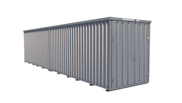 Lagercontainer - Schnellbaucontainer 20 qm, L10200xB2100 mm, Höhe 2100 mm, Doppelflügeltür mittig in Breitseite, Boden OSB 3 Platte, verzinkt