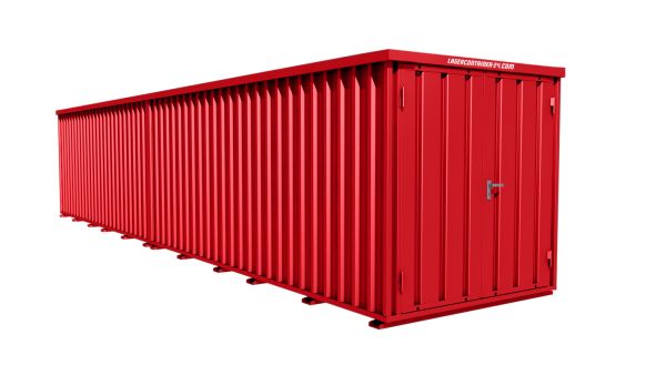 Lagercontainer - Schnellbaucontainer 20 qm, L10200xB2100 mm, Höhe 2445 mm, Doppelflügeltür mittig in Breitseite, Boden OSB 3 Platte, feuerrot, montiert