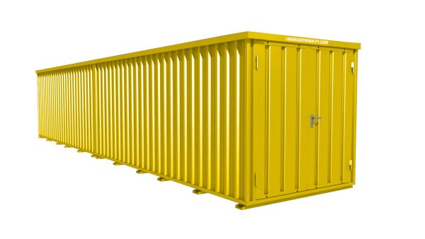 Lagercontainer - Schnellbaucontainer 20 qm, L10200xB2100 mm, Höhe 2445 mm, Doppelflügeltür mittig in Breitseite, Boden OSB 3 Platte, signalgelb, montiert