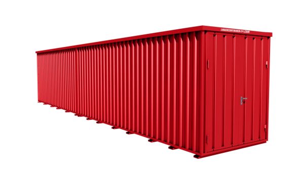 Lagercontainer - Schnellbaucontainer 22 qm, L11200xB2100 mm, Höhe 2100 mm, Doppelflügeltür mittig in Breitseite, Boden OSB 3 Platte, feuerrot, montiert