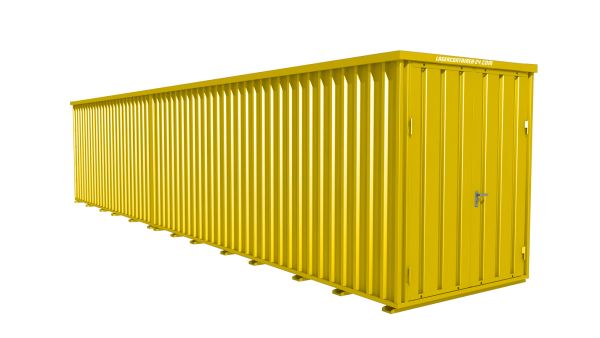 Lagercontainer - Schnellbaucontainer 22 qm, L11200xB2100 mm, Höhe 2100 mm, Doppelflügeltür mittig in Breitseite, Boden OSB 3 Platte, signalgelb, montiert