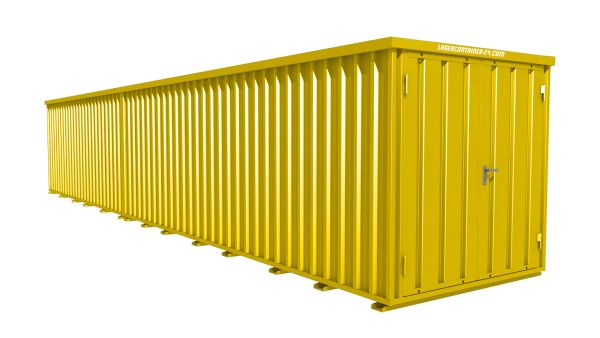 Lagercontainer - Schnellbaucontainer 22 qm, L11200xB2100 mm, Höhe 2445 mm, Doppelflügeltür mittig in Breitseite, Boden OSB 3 Platte, signalgelb, montiert