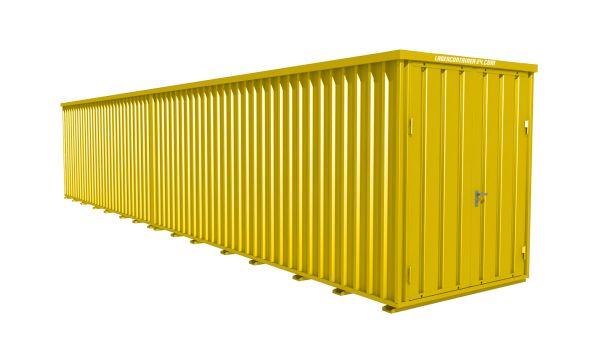 Lagercontainer - Schnellbaucontainer 24 qm, L12200xB2100 mm, Höhe 2100 mm, Doppelflügeltür mittig in Breitseite, Boden OSB 3 Platte, signalgelb, montiert