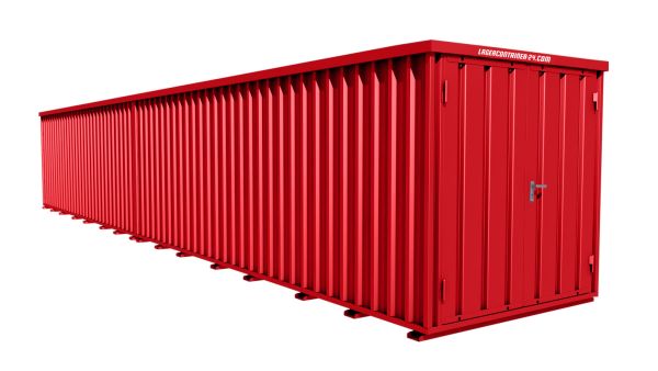 Lagercontainer - Schnellbaucontainer 24 qm, L12200xB2100 mm, Höhe 2445 mm, Doppelflügeltür mittig in Breitseite, Boden OSB 3 Platte, feuerrot, montiert