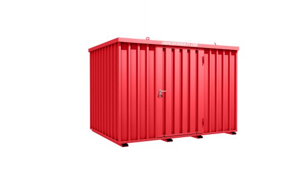 Lagercontainer - Schnellbaucontainer 6 qm, L3100xB2100 mm, Höhe 2100 mm, Einflügeltür mittig in Längsseite, Boden OSB 3 Platte, feuerrot, montiert