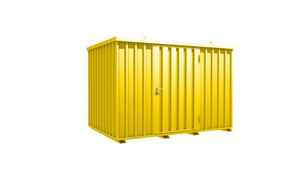 Lagercontainer - Schnellbaucontainer 6 qm, L3100xB2100 mm, Höhe 2100 mm, Einflügeltür mittig in Längsseite, Boden OSB 3 Platte, signalgelb, montiert