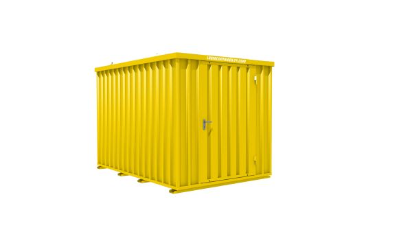 Lagercontainer - Schnellbaucontainer 6 qm, L3100xB2100 mm, Höhe 2100 mm, Einflügeltür mittig in Breitseite, Boden OSB 3 Platte, signalgelb, montiert