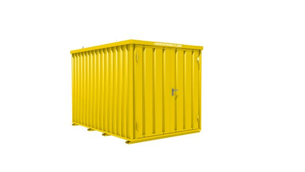 Lagercontainer - Schnellbaucontainer 6 qm, L3100xB2100 mm, Höhe 2100 mm, Doppelflügeltür mittig in Breitseite, Boden OSB 3 Platte, signalgelb, montiert