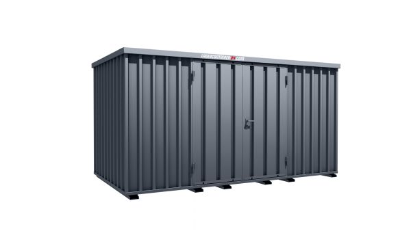 Lagercontainer - Schnellbaucontainer 8 qm, L4100xB2100 mm, Höhe 2100 mm, Doppelflügeltür mittig in Längsseite, Boden OSB 3 Platte, anthrazit, montiert