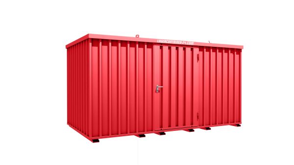 Lagercontainer - Schnellbaucontainer 8 qm, L4100xB2100 mm, Höhe 2100 mm, Einflügeltür mittig in Längsseite, Boden OSB 3 Platte, feuerrot, montiert