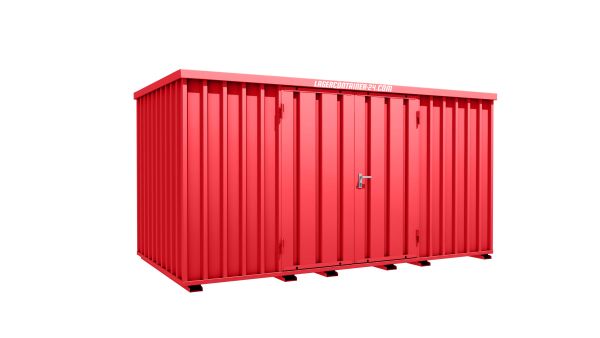 Lagercontainer - Schnellbaucontainer 8 qm, L4100xB2100 mm, Höhe 2100 mm, Doppelflügeltür mittig in Längsseite, Boden OSB 3 Platte, feuerrot, montiert