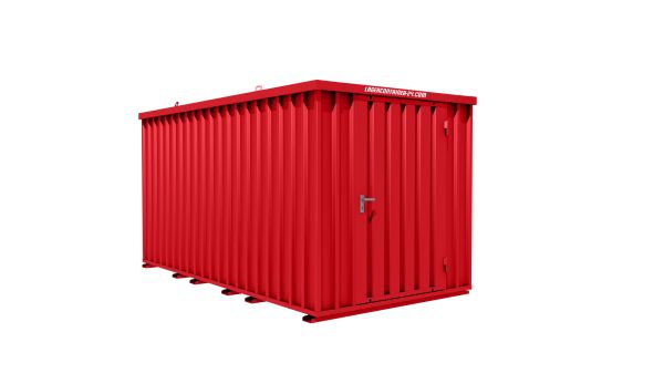 Lagercontainer - Schnellbaucontainer 8 qm, L4100xB2100 mm, Höhe 2100 mm, Einflügeltür mittig in Breitseite, Boden OSB 3 Platte, feuerrot, montiert