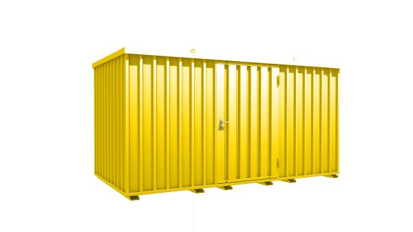 Lagercontainer - Schnellbaucontainer 8 qm, L4100xB2100 mm, Höhe 2100 mm, Einflügeltür mittig in Längsseite, Boden OSB 3 Platte, signalgelb, montiert