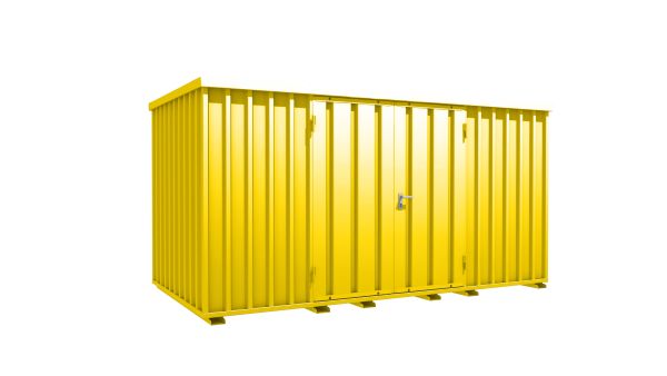 Lagercontainer - Schnellbaucontainer 8 qm, L4100xB2100 mm, Höhe 2100 mm, Doppelflügeltür mittig in Längsseite, Boden OSB 3 Platte, signalgelb, montiert