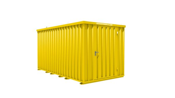 Lagercontainer - Schnellbaucontainer 8 qm, L4100xB2100 mm, Höhe 2100 mm, Einflügeltür mittig in Breitseite, Boden OSB 3 Platte, signalgelb, montiert