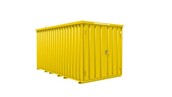 Lagercontainer - Schnellbaucontainer 8 qm, L4100xB2100 mm, Höhe 2100 mm, Doppelflügeltür mittig in Breitseite, Boden OSB 3 Platte, signalgelb, montiert