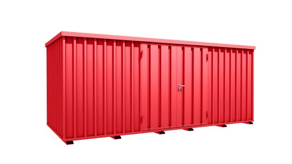 Lagercontainer - Schnellbaucontainer 10 qm, L5100xB2100 mm, Höhe 2100 mm, Doppelflügeltür mittig in Längsseite, Boden OSB 3 Platte, feuerrot, montiert