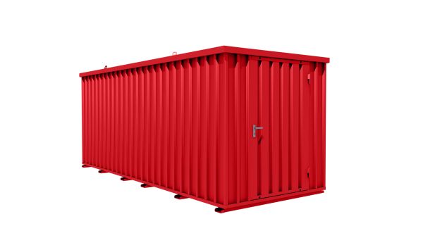 Lagercontainer - Schnellbaucontainer 10 qm, L5100xB2100 mm, Höhe 2100 mm, Einflügeltür mittig in Breitseite, Boden OSB 3 Platte, feuerrot, montiert