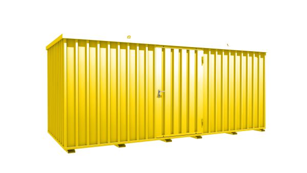 Lagercontainer - Schnellbaucontainer 10 qm, L5100xB2100 mm, Höhe 2100 mm, Einflügeltür mittig in Längsseite, Boden OSB 3 Platte, signalgelb, montiert