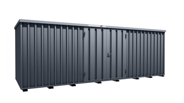 Lagercontainer - Schnellbaucontainer 12 qm, L6100xB2100 mm, Höhe 2100 mm, Doppelflügeltür mittig in Längsseite, Boden OSB 3 Platte, anthrazit, montiert