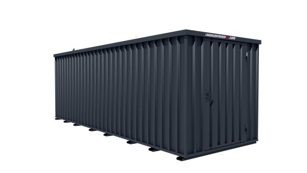 Lagercontainer - Schnellbaucontainer 12 qm, L6100xB2100 mm, Höhe 2100 mm, Einflügeltür mittig in Breitseite, Boden OSB 3 Platte, anthrazit, montiert