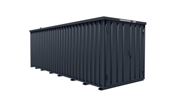 Lagercontainer - Schnellbaucontainer 12 qm, L6100xB2100 mm, Höhe 2100 mm, Doppelflügeltür mittig in Breitseite, Boden OSB 3 Platte, anthrazit, montiert