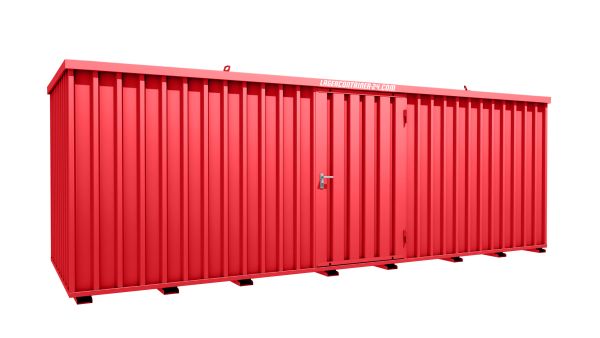 Lagercontainer - Schnellbaucontainer 12 qm, L6100xB2100 mm, Höhe 2100 mm, Einflügeltür mittig in Längsseite, Boden OSB 3 Platte, feuerrot, montiert