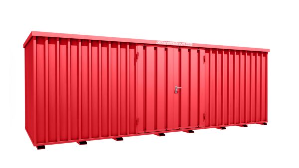 Lagercontainer - Schnellbaucontainer 12 qm, L6100xB2100 mm, Höhe 2100 mm, Doppelflügeltür mittig in Längsseite, Boden OSB 3 Platte, feuerrot, montiert