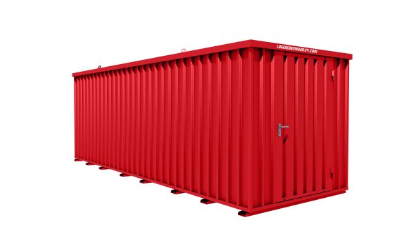 Lagercontainer - Schnellbaucontainer 12 qm, L6100xB2100 mm, Höhe 2100 mm, Einflügeltür mittig in Breitseite, Boden OSB 3 Platte, feuerrot, montiert