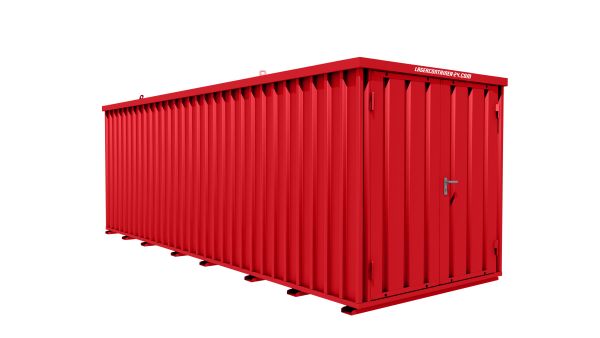 Lagercontainer - Schnellbaucontainer 12 qm, L6100xB2100 mm, Höhe 2100 mm, Doppelflügeltür mittig in Breitseite, Boden OSB 3 Platte, feuerrot, montiert