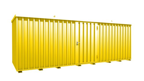 Lagercontainer - Schnellbaucontainer 12 qm, L6100xB2100 mm, Höhe 2100 mm, Einflügeltür mittig in Längsseite, Boden OSB 3 Platte, signalgelb, montiert