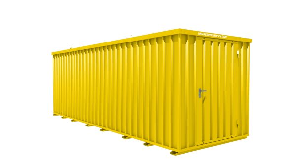 Lagercontainer - Schnellbaucontainer 12 qm, L6100xB2100 mm, Höhe 2100 mm, Einflügeltür mittig in Breitseite, Boden OSB 3 Platte, signalgelb, montiert