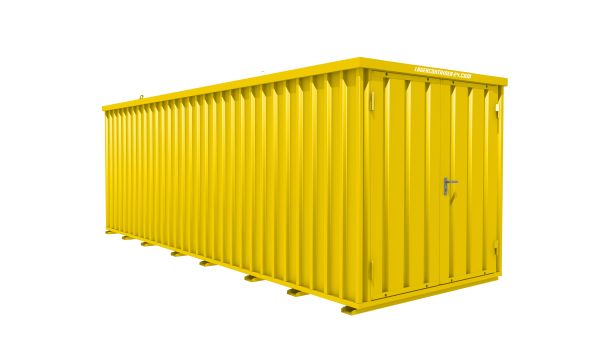 Lagercontainer - Schnellbaucontainer 12 qm, L6100xB2100 mm, Höhe 2100 mm, Doppelflügeltür mittig in Breitseite, Boden OSB 3 Platte, signalgelb, montiert