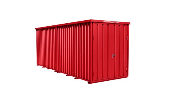 Lagercontainer - Schnellbaucontainer 12 qm, L6200xB2100 mm, Höhe 2100 mm, Doppelflügeltür mittig in Breitseite, Boden OSB 3 Platte, feuerrot, montiert