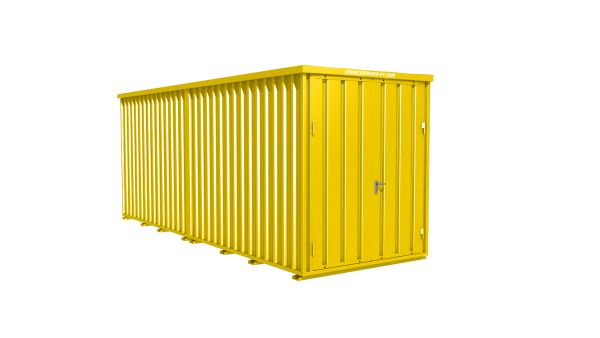 Lagercontainer - Schnellbaucontainer 12 qm, L6200xB2100 mm, Höhe 2100 mm, Doppelflügeltür mittig in Breitseite, Boden OSB 3 Platte, signalgelb, montiert