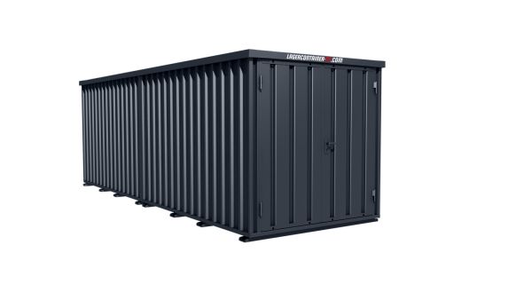 Lagercontainer - Schnellbaucontainer 12 qm, L6200xB2100 mm, Höhe 2445 mm, Doppelflügeltür mittig in Breitseite, Boden OSB 3 Platte, anthrazit, montiert