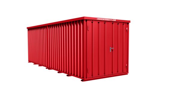 Lagercontainer - Schnellbaucontainer 12 qm, L6200xB2100 mm, Höhe 2445 mm, Doppelflügeltür mittig in Breitseite, Boden OSB 3 Platte, feuerrot, montiert