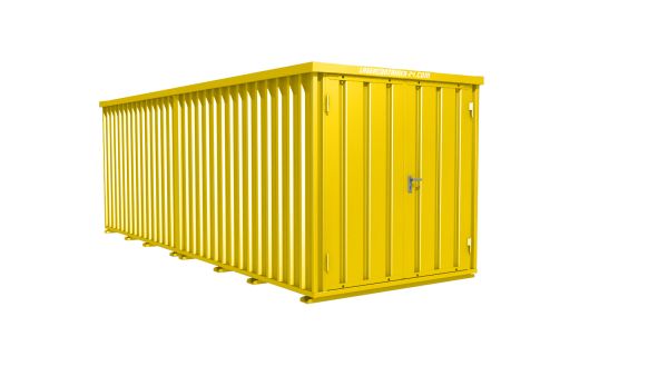 Lagercontainer - Schnellbaucontainer 12 qm, L6200xB2100 mm, Höhe 2445 mm, Doppelflügeltür mittig in Breitseite, Boden OSB 3 Platte, signalgelb, montiert