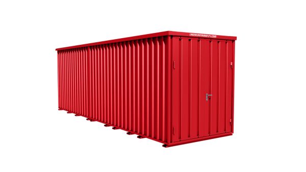 Lagercontainer - Schnellbaucontainer 14 qm, L7200xB2100 mm, Höhe 2100 mm, Doppelflügeltür mittig in Breitseite, Boden OSB 3 Platte, feuerrot, montiert