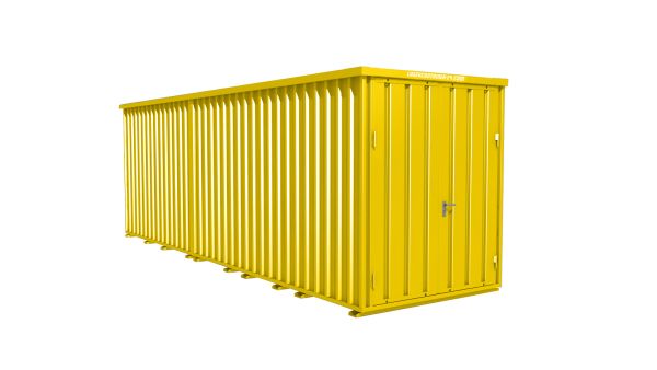 Lagercontainer - Schnellbaucontainer 14 qm, L7200xB2100 mm, Höhe 2100 mm, Doppelflügeltür mittig in Breitseite, Boden OSB 3 Platte, signalgelb, montiert