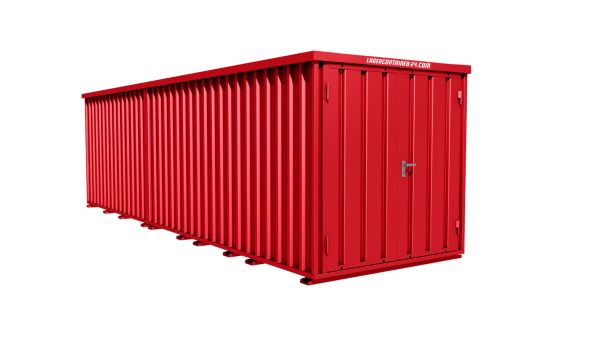 Lagercontainer - Schnellbaucontainer 14 qm, L7200xB2100 mm, Höhe 2445 mm, Doppelflügeltür mittig in Breitseite, Boden OSB 3 Platte, feuerrot, montiert