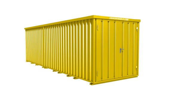 Lagercontainer - Schnellbaucontainer 14 qm, L7200xB2100 mm, Höhe 2445 mm, Doppelflügeltür mittig in Breitseite, Boden OSB 3 Platte, signalgelb, montiert