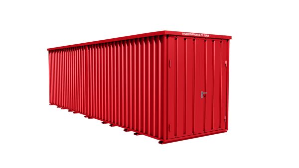 Lagercontainer - Schnellbaucontainer 16 qm, L8200xB2100 mm, Höhe 2100 mm, Doppelflügeltür mittig in Breitseite, Boden OSB 3 Platte, feuerrot, montiert