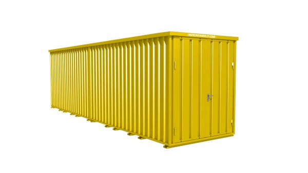 Lagercontainer - Schnellbaucontainer 16 qm, L8200xB2100 mm, Höhe 2100 mm, Doppelflügeltür mittig in Breitseite, Boden OSB 3 Platte, signalgelb, montiert