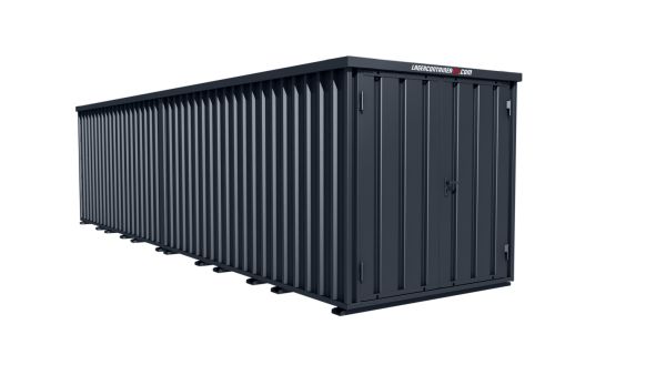 Lagercontainer - Schnellbaucontainer 16 qm, L8200xB2100 mm, Höhe 2445 mm, Doppelflügeltür mittig in Breitseite, Boden OSB 3 Platte, anthrazit, montiert