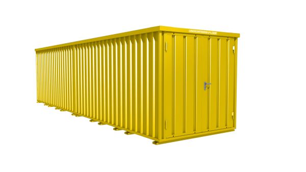 Lagercontainer - Schnellbaucontainer 16 qm, L8200xB2100 mm, Höhe 2445 mm, Doppelflügeltür mittig in Breitseite, Boden OSB 3 Platte, signalgelb, montiert